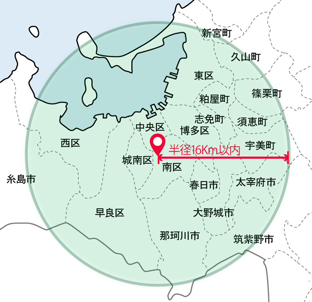 吉田医院の半径16km以内の訪問診療対応エリアの地図